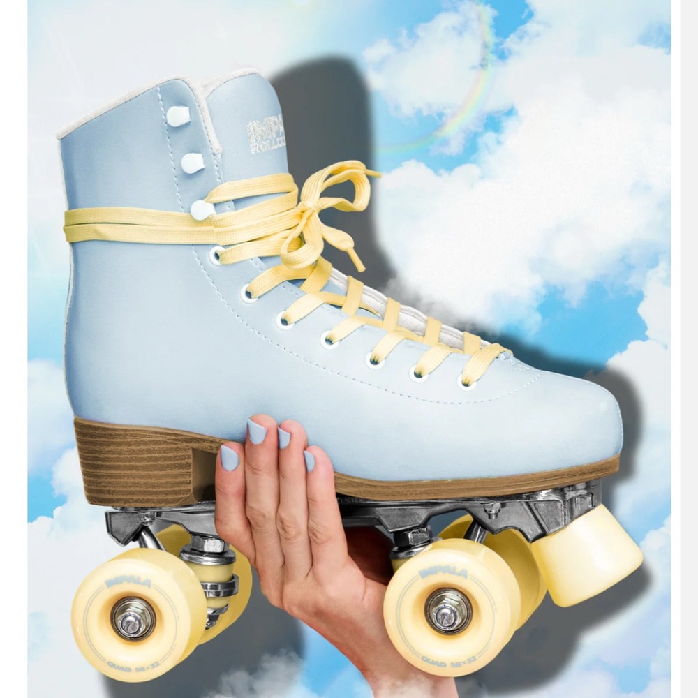 Light Blue Roller Skates with Yellow Laces